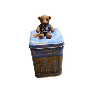 Vintage Saks Fifth Ave Teddy Bear Blue Tin Container 6"